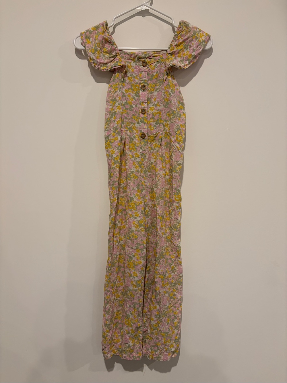 Carter's Size 8 Yellow Pink Floral Ruffle Sleeve Button Front Wide Leg Jumpsuit